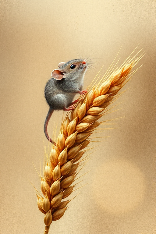 Soft, muted Alcohol Ink with ebru effect background image of tiny whimsical mousey, who climbed high on the top of a golden rye ear.
