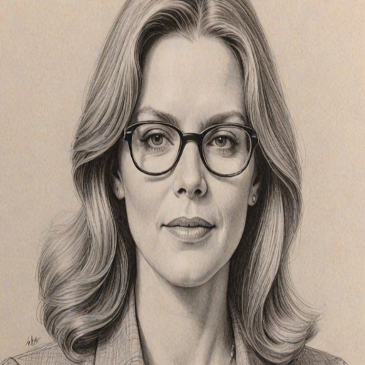 Beauteous Kristine Sutherland, pencil sketch, portrait of Captivating woman 1974s in glasses, hair style beatnik, outline, clear lines, fine lines, 8k
