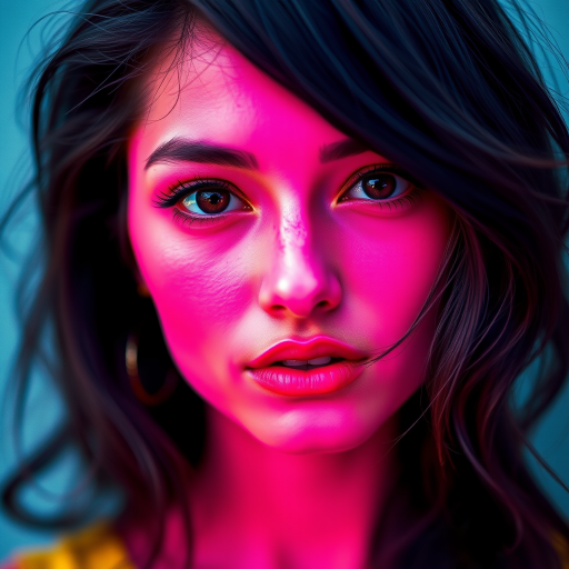Create an abstract portrait of a woman with vibrant magenta and yellow colors, using a digital art style with a soft focus effect, taken with a DSLR camera at f/2.8, ISO 100, 50mm lens from a frontal view, emphasizing texture and color contrast.