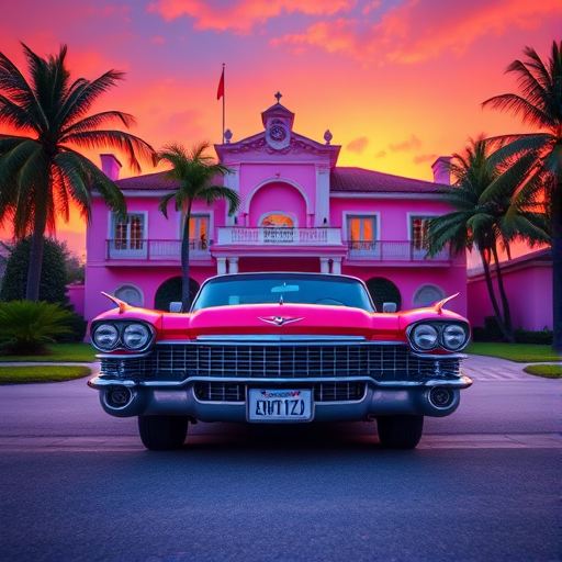 capture a vintage Cadillac in front of a pink mansion at sunset with lush palm trees, utilize a Canon EOS R5 with a 50mm f/1.2 lens, ISO 100, aperture f/2.8, shutter speed 1/200 sec, in a vibrant color style to enhance details and contrast