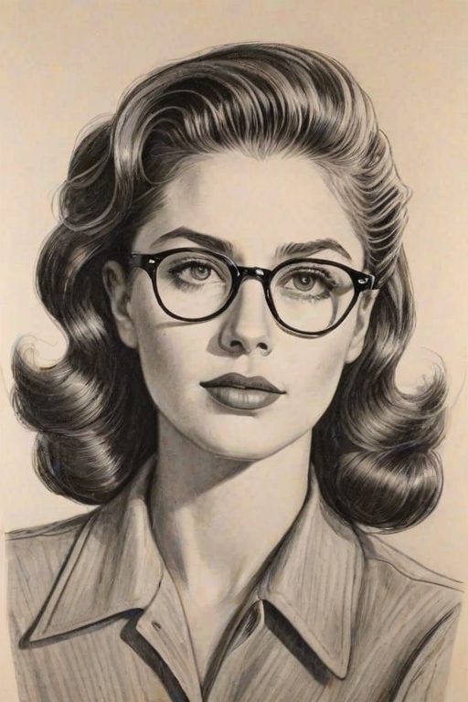 Splendid Jessica Williams, pencil sketch, portrait of Sublime woman 1940s in glasses, hair style beatnik, outline, clear lines, fine lines, 8k