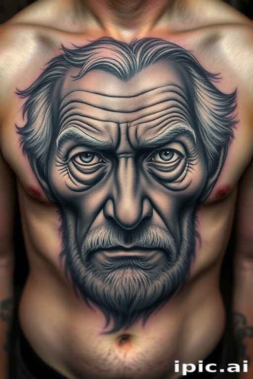Realistic grayscale portrait tattoo of a wise elderly face with deep wrinkles and piercing eyes, expertly shaded to capture every detail and emotion, placed on the chest as a powerful statement piece