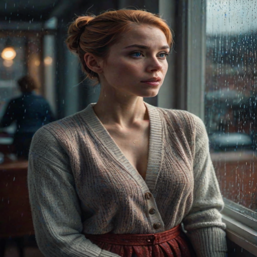 a beautiful cinematic sexy female,Chignon,Strawberry blond,dressed in a cardigan sweater over a sleeveless dress with gloves and pumps,A woman with a haunting gaze stares out a rain-streaked window, her reflection distorted in the glass, hinting at hidden secrets.,epic Detailed illustration vibrant extremely hyper aesthetic,Iphone X,Moonlit