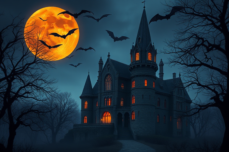 Create a digitally painted fantasy scene of a haunted castle at night with a large orange moon and bats flying, surrounded by spooky trees illuminated by glowing windows, use a Canon EOS R5 with a 50mm lens, aperture f/1.8, ISO 100, and a soft focus effect for a dreamlike atmosphere.