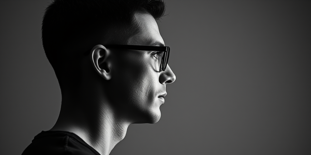 Create a high-resolution black and white portrait of a male figure in profile, with short hair and glasses, using a Canon EOS R5 with a 50mm f/1.2 lens, aperture set to f/2.8, ISO 100, and a soft light source for even illumination.