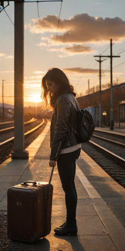 Deserted train station, with the sun setting behind distant hills, a woman in a leather jacket waits on the platform, her suitcase at her feet as the wind rustles the leaves around her.