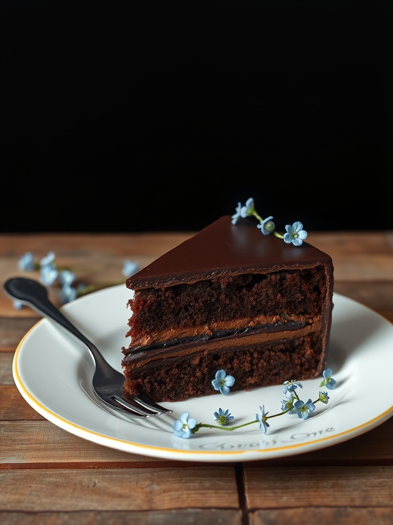 A slice of rich chocolate cake with layers of dark chocolate frosting on a white plate adorned with delicate blue flowers and a vintage fork on a rustic wooden table against a dark background.