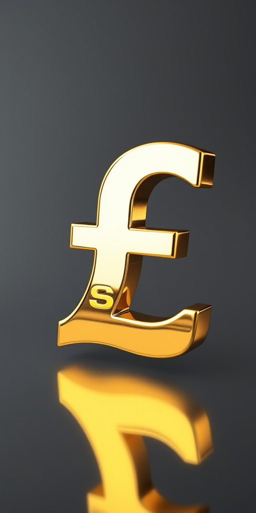 Regenerate an image of a shiny gold pound sterling symbol on a transparent background, using a DSLR camera with a 50mm lens, aperture at f/2.8, ISO 100, shot from a straight-on view with soft natural lighting to enhance reflection and detail.