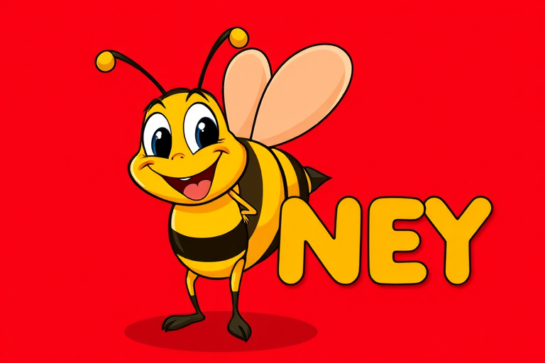 Create a vibrant cartoon illustration of a cheerful cartoon bee with exaggerated features, standing next to honeycomb cells spelling the word "HONEY," set against a deep red background, using a DSLR camera with a 50mm lens, aperture f/2.8, ISO 100, and natural lighting for enhanced clarity and color vibrancy.