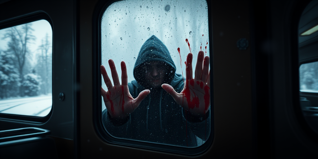 a haunting scene inside a train with a figure in a dark hooded cloak, hands with red paint streaks on the window, snow falling outside, shot with a Canon EOS R5, 50mm lens, aperture f/1.8, ISO 100, shutter speed 1/200s, cinematic style, low-angle view to enhance dramatic effect