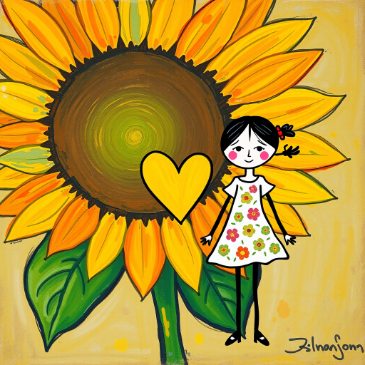 Stylized impressionism painting of a large sunflower with an oversized center and colorful petals. Beside, a young female character with eyes represented by dots and a mouth by a line, pink cheeks, hair attached, arms and legs a black line, flowery white dress triangle shape. A yellow heart surrounded by a black line between the two. Textured background with touches of colorful paint. Childish style.