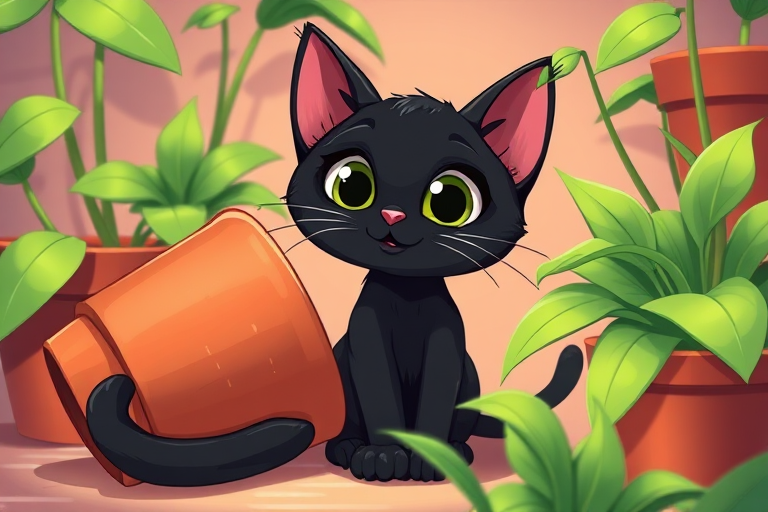 Create an illustration of a playful black cat with big eyes sitting next to a tipped-over flower pot, surrounded by vibrant green plants, using a vibrant color palette, in a cartoon style, with a camera angle that emphasizes the cat's expression and the plants, simulating a 35mm lens with a shallow depth of field to enhance clarity and detail.
