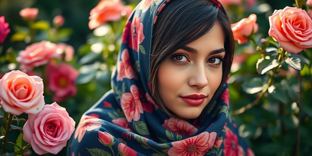 Create a portrait of a woman draped in a colorful floral-patterned scarf, surrounded by vibrant roses and flowers, with soft natural lighting, taken with a Canon EOS R5, 50mm lens, f/1.8 aperture, ISO 100, 1/200 sec shutter speed, with a dreamy bokeh effect to enhance the background details.