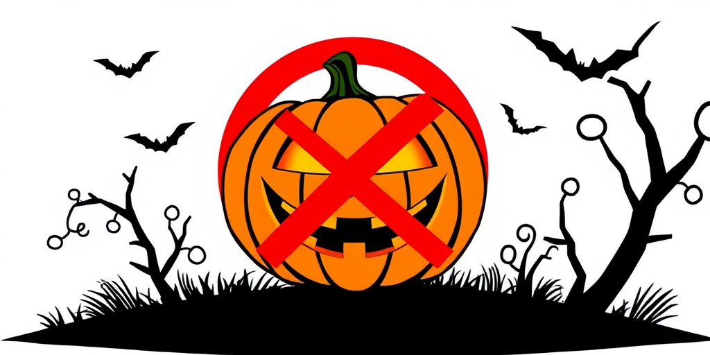 Create an illustration of a jack-o'-lantern crossed out by a bold red circle, use a high-resolution setting with a 50mm lens, f/2.8 aperture, ISO 100, soft lighting, and a clean white background for enhanced quality.