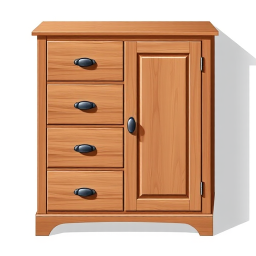 Create a high-resolution illustration of a brown wooden cupboard with four drawers and a door, shot with a DSLR camera at f/8, ISO 100, 50mm focal length, top-down view, natural lighting.