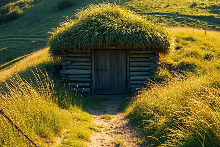 Generate an image of a grass-roofed wooden door set in a hillside, taken with a Canon EOS R5 at f/8, ISO 100, 1/200s, with a 24-70mm lens from a low angle to highlight the texture of the grass and the path leading to the door, in natural morning light for enhanced clarity and depth.