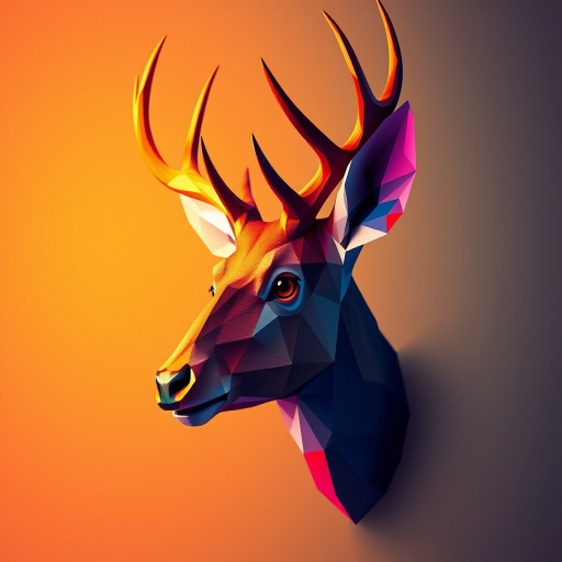 Create a low-poly artistic representation of a deer head with vibrant color gradients, use a DSLR camera with a 50mm lens, aperture set to f/1.8, ISO 100, and a soft-focus background for enhanced depth.
