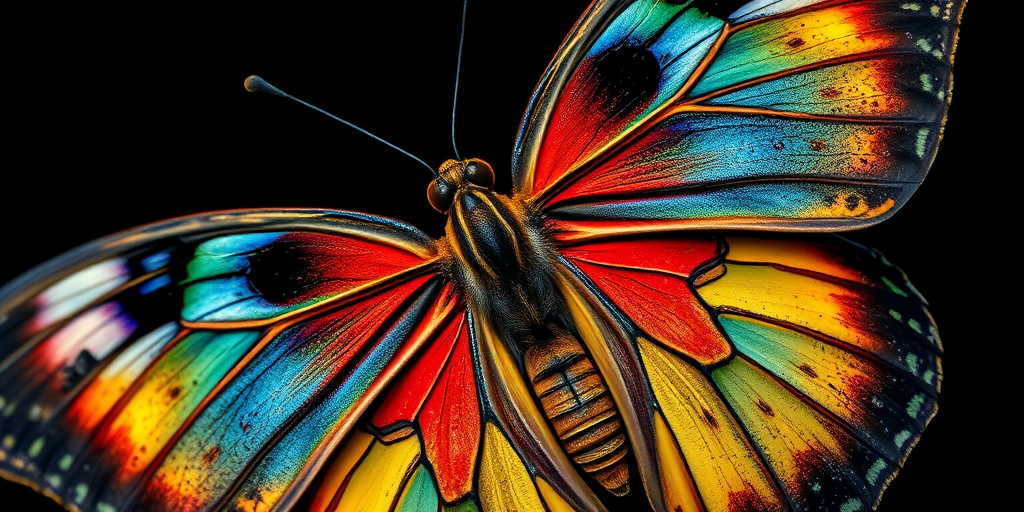 Create a high-resolution image of a colorful butterfly with intricate patterns and lines, captured with a DSLR camera, ISO 100, aperture f/8, 50mm lens, top-down view, using a macro photography style on a dark background.