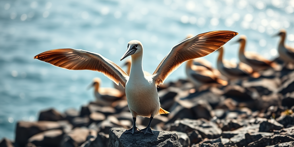 Capture a vibrant scene of gannets on a rocky coastline with a shallow depth of field, f/2.8 aperture, 1/500 sec shutter speed, ISO 100, 50mm lens on a DSLR, natural lighting, showcasing one gannet spreading its wings in the foreground while others stand in a blurred background against a shimmering ocean.