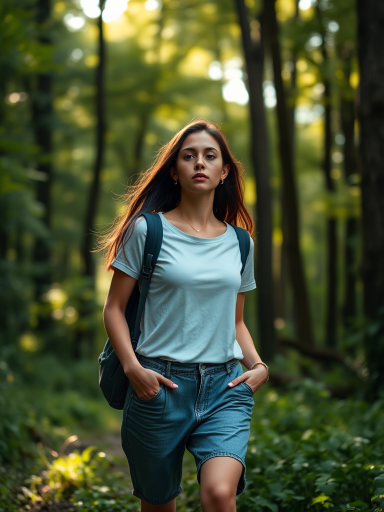 A young woman in a casual outfit walking through a lush forest, soft sunlight filtering through the trees, captured with a Canon EOS 5D Mark IV, 50mm lens, aperture f/2.8, ISO 100, 1/200 sec, with a shallow depth of field for a blurred background effect.