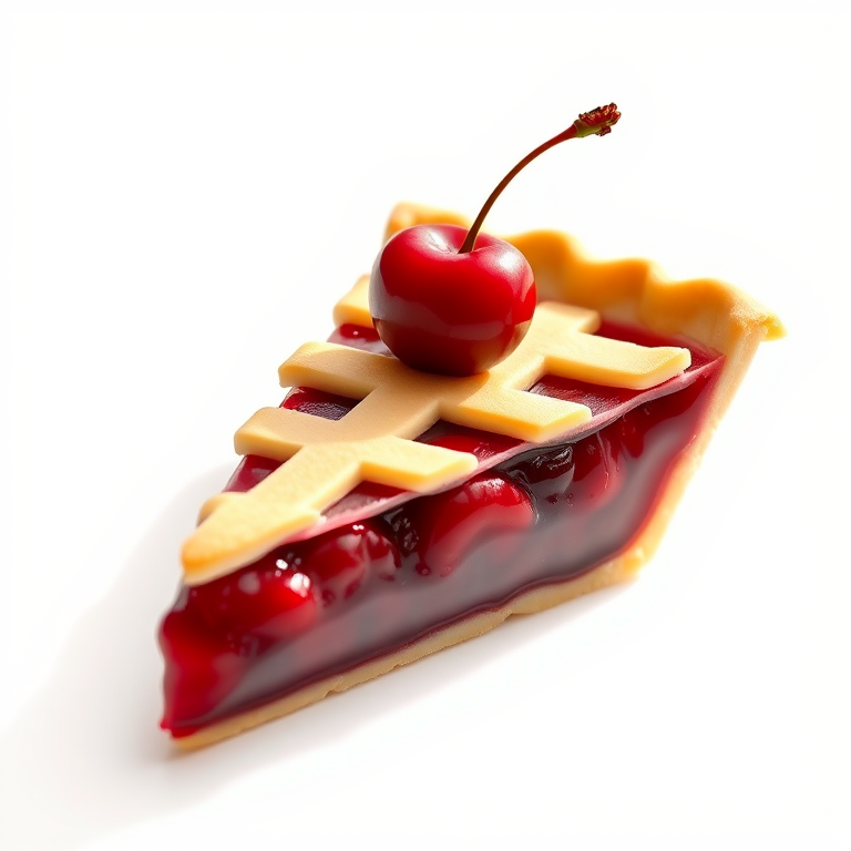 Create a high-resolution digital illustration of a slice of cherry pie with a single cherry on top, using a Canon EOS R5 with a 50mm lens, aperture f/2.8, ISO 100, in natural light to enhance colors and shadows, with a clean white background for a minimalistic look.