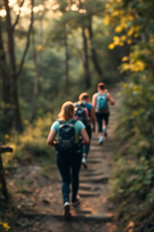 Blurry action shot of a group of friends hiking up a steep trail, soft golden light filtering through the trees, with backpacks and water bottles visible as they ascend.