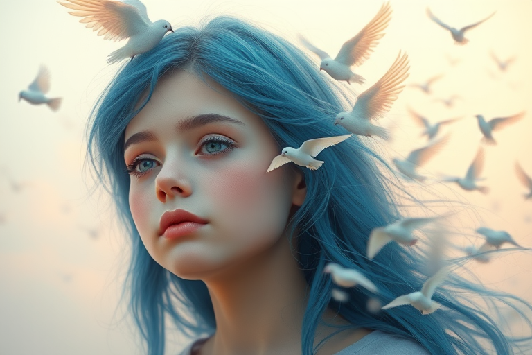 A dreamy portrait of a girl with blue hair interacting with birds flying from her hair, in a soft pastel color palette, shot with a Canon EOS R5 at f/2.8, ISO 100, 50mm lens, soft natural lighting, high-resolution digital painting style.