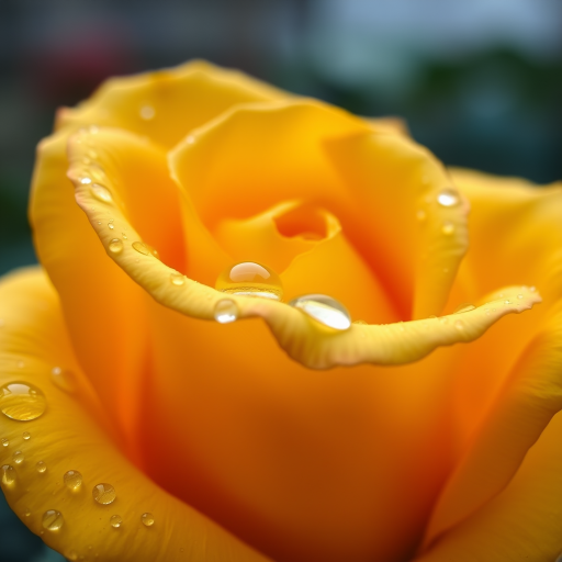 A close-up shot of a yellow rose with water droplets, captured with a DSLR camera at f/2.8 aperture, ISO 100, 1/200 sec shutter speed, natural soft lighting, using a macro lens for enhanced detail and clarity.