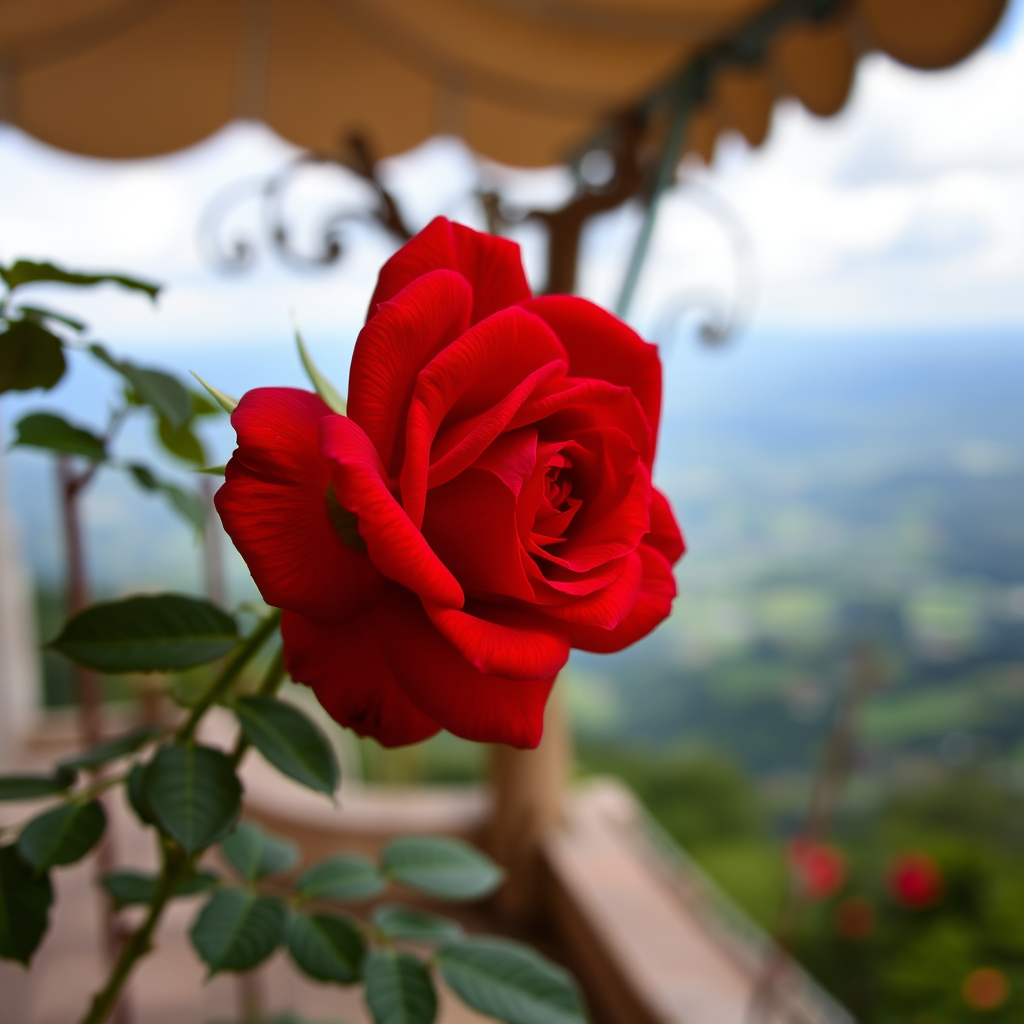 Capture a close-up of a vibrant red rose in full bloom with a blurred background of a scenic landscape, using a DSLR camera, aperture set to f/2.8 for a shallow depth of field, ISO 100 for clear detail, and a focal length of 50mm to emphasize the flower while softly fading the surroundings.