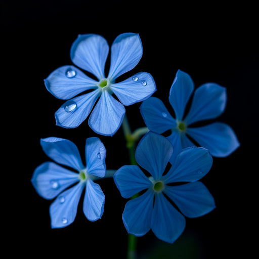 Four delicate blue flowers with droplets on petals, softly illuminated against a dark background, captured with a macro lens at f/2.8, ISO 200, and a shutter speed of 1/125s, using a Canon EOS 5D Mark IV, in natural light for enhanced vibrancy and detail.