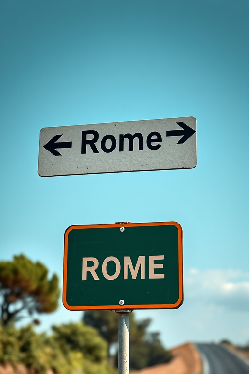 Create a high-resolution image of a road sign indicating directions to Rome, with multiple arrows pointing in different directions, captured using a DSLR camera at f/8 aperture, ISO 100, 24mm focal length, with a vibrant color profile and sharp focus.