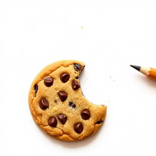 Draw two chocolate chip cookies, one with a bite taken out, on a white background, using a Canon EOS R camera, 50mm lens, f/1.8 aperture, 1/125 shutter speed, ISO 100, soft natural lighting from the side for enhanced detail and texture.