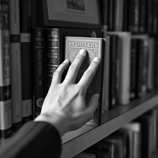 regenerate the image of a hand reaching for a decorative book on a shelf surrounded by books, captured in black and white with a shallow depth of field, using a DSLR camera at f/2.8, 50mm lens, ISO 100, 1/200s shutter speed, in soft natural light from a nearby window, focus on the hand and book with a blurred background.