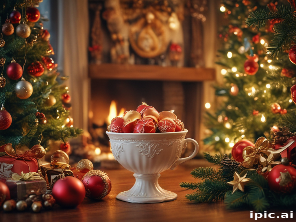 Festive Photo Small Festive Holiday Decor Featuring Ornaments and a Cozy Fireplace Setting