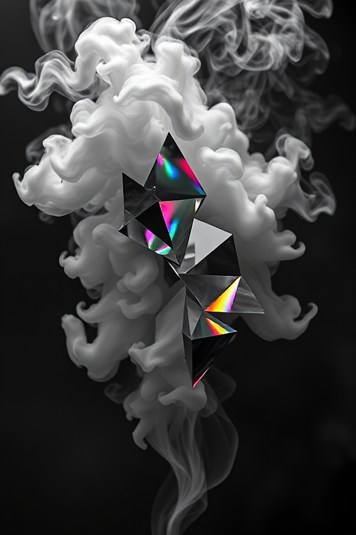 Mysterious "Smoke and Mirrors" tattoo concept blending realistic smoke effects with fragmented mirror-like surfaces, using a grayscale palette with occasional flashes of prismatic color, creating an illusion of depth and movement that challenges perception and invites contemplation, perfect for those who appreciate optical illusions and abstract art