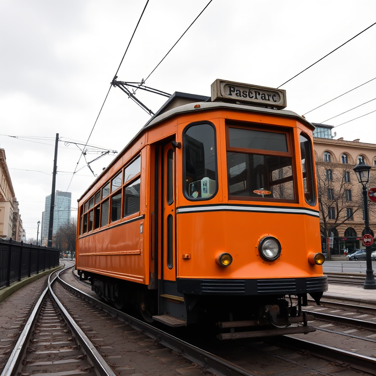 Capture a vintage orange tram on tracks in an urban setting, with a cloudy sky overhead, using a DSLR camera with a 24mm lens, aperture f/8, shutter speed 1/250s, ISO 200, shot from a slightly low angle to emphasize the tram's details and surroundings.