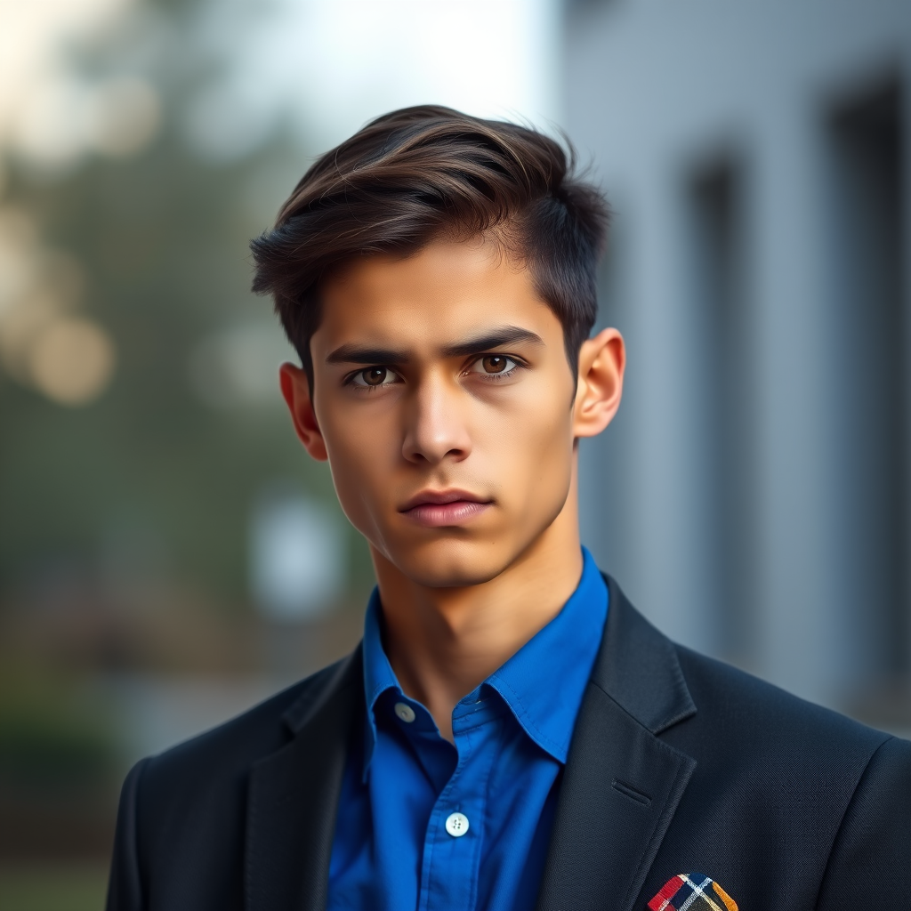 Create a portrait of a young man with a serious expression, wearing a blue shirt and a suit jacket, with a colored pocket square, softly blurred background, natural light, focus on the subject's face, shot with a 50mm lens at f/1.8, ISO 100, 1/125s.