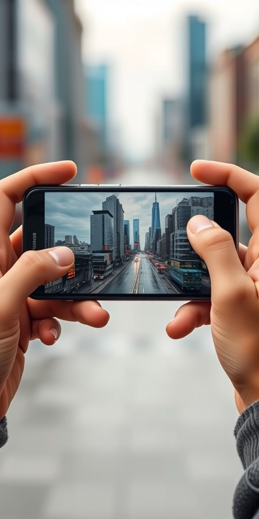 Create a high-resolution image of two hands holding a smartphone with a futuristic cityscape emerging from the screen, using a Canon EOS R5 camera at f/1.4 aperture, ISO 100, 1/125 sec exposure, and a wide-angle lens with a macro setting for detailed close-up focus.