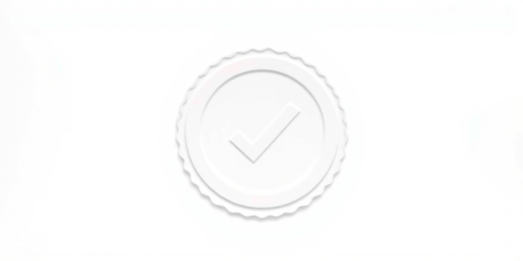 Create a high-resolution digital illustration of a circular badge with a checkmark in the center, using a clean white background, shot with a Canon EOS R5 at f/8, ISO 100, 50mm lens, in a flat lay perspective with soft diffused lighting.