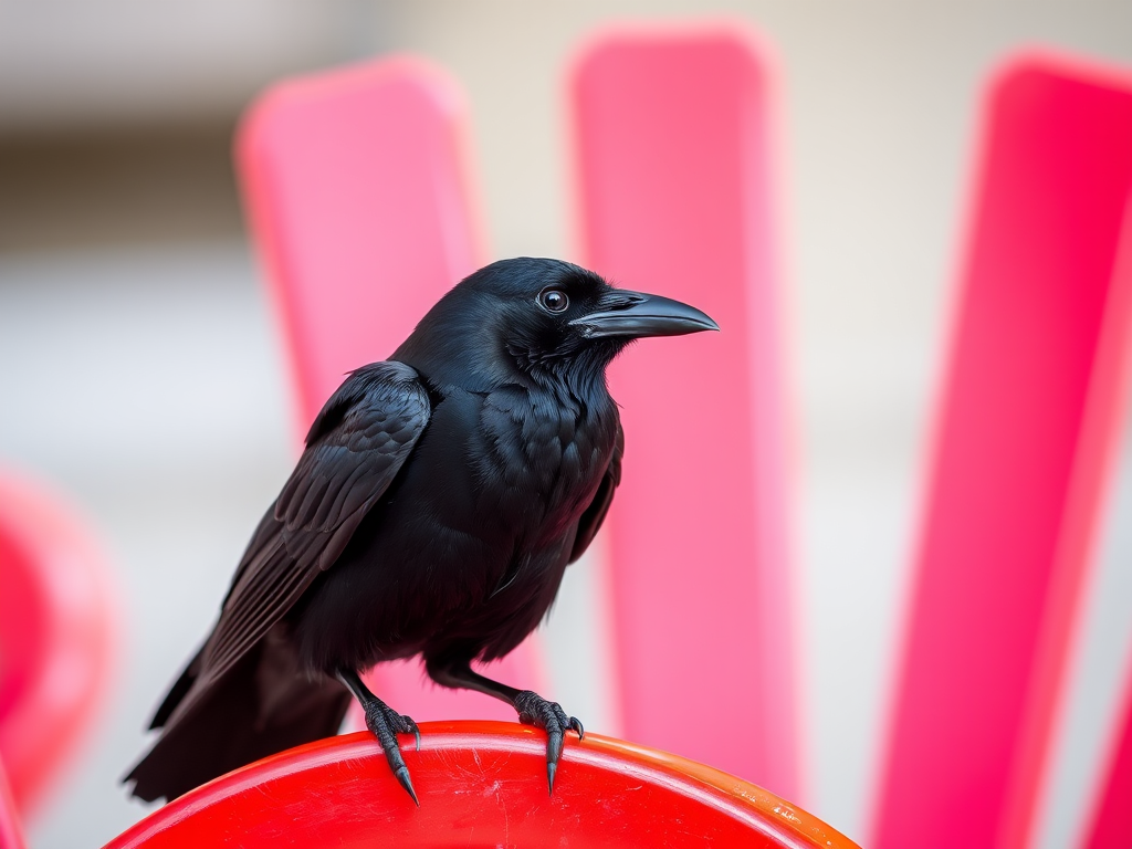 A close-up photograph of a black crow perched on a bright red chair, natural light, ISO 100, f/4, 1/250s, taken with a DSLR camera, 50mm lens, shallow depth of field for a soft background blur.
