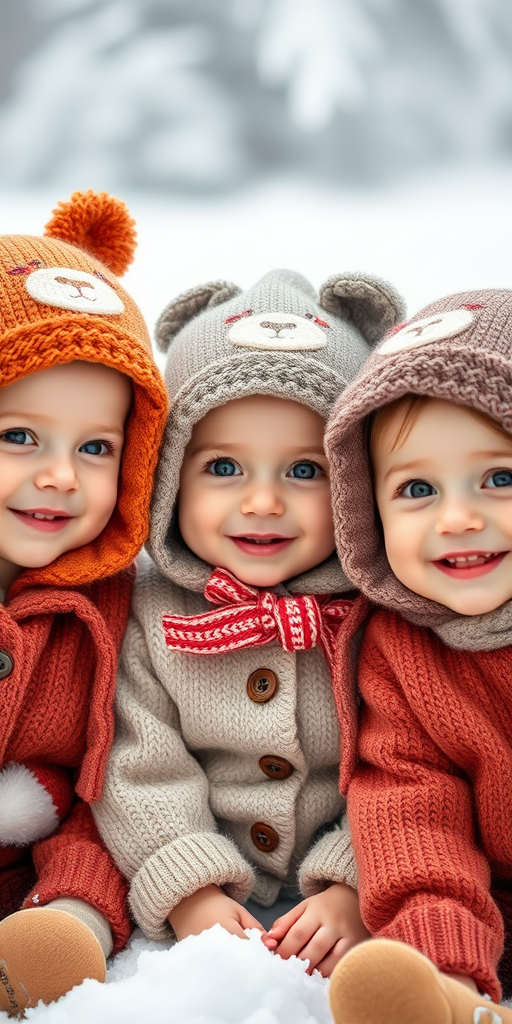 Capture three adorable infants in cozy winter outfits with animal-themed hoods, smiling happily in a soft snowy background, use a Canon EOS R5, 50mm lens, aperture f/1.8, ISO 100, natural light for enhanced clarity and focus.