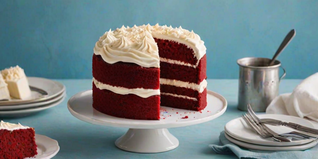 Create an image of a beautifully decorated red velvet cake with cream cheese frosting. The cake should have a slice cut out, revealing its moist red interior and layers of frosting. The setting should have a light blue background with simple utensils and a cloth underneath the cake stand.