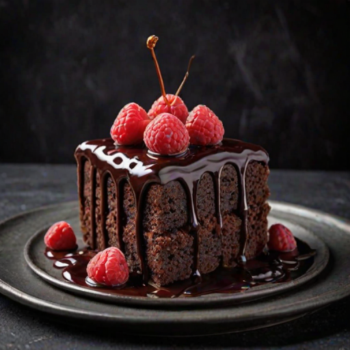 Create an image of a rich chocolate cake slice topped with fresh raspberries and a drizzle of chocolate sauce, set against a dark, moody background. Ensure the cake looks moist and decadent, with a focus on the texture of the chocolate layers and the vibrant color of the raspberries.