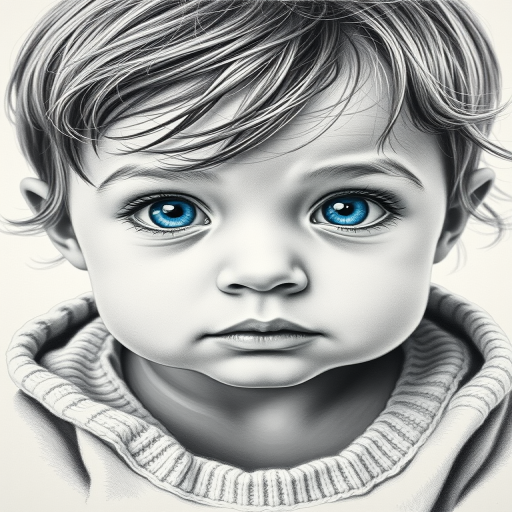 A hyperdetailed photorealistic black and white sketch of a beautiful toddler with deep blue eyes, with a macro focus