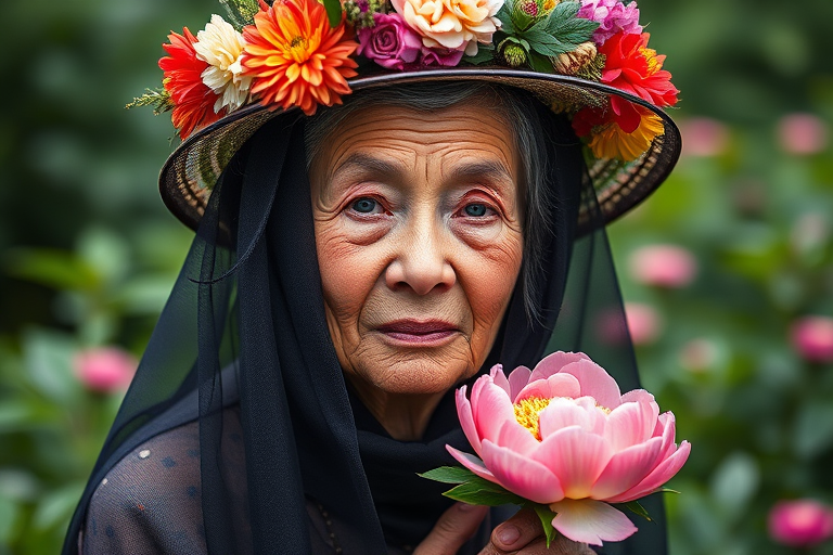 Create a portrait of an elderly woman with striking facial features, wearing a floral black veil and a hat adorned with colorful flowers, holding a peony, set in a lush green garden, captured with a Canon EOS R5, 50mm lens, aperture f/1.8, ISO 100, natural lighting, shallow depth of field to enhance background blur.