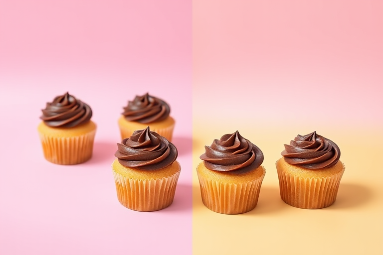 Create an image of four cupcakes with chocolate frosting, two on a pink background and two on a yellow background, using a Canon EOS R5 with a 50mm lens, f/2.8 aperture, 1/125 shutter speed, and natural lighting for enhanced image quality.