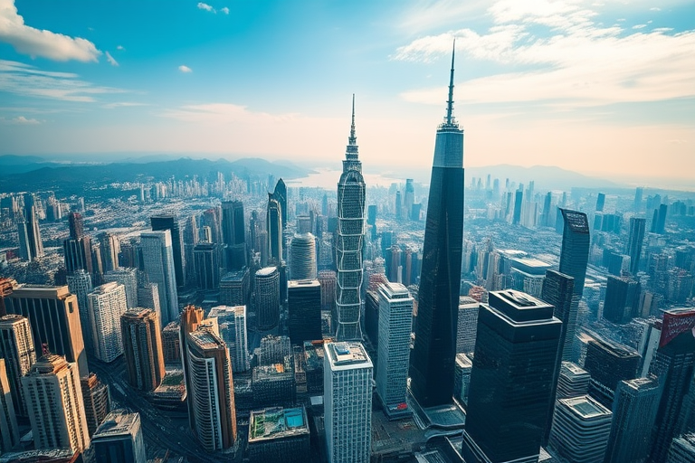 Aerial view of a futuristic cityscape with towering skyscrapers and mountains in the background, shot with a Canon EOS R5, aperture f/8, ISO 100, shutter speed 1/200s, using HDR imaging for enhanced details and vibrant colors.