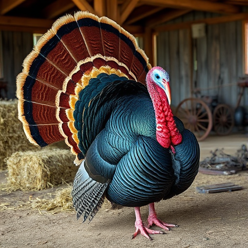 Create a vibrant and detailed image of a turkey with an elaborate tail display, set in a rustic barnyard with hay bales and old farm equipment in the background, captured with a DSLR camera at f/2.8, ISO 100, 1/250 sec, using a wide-angle lens for enhanced depth and clarity, in natural lighting to accentuate colors.