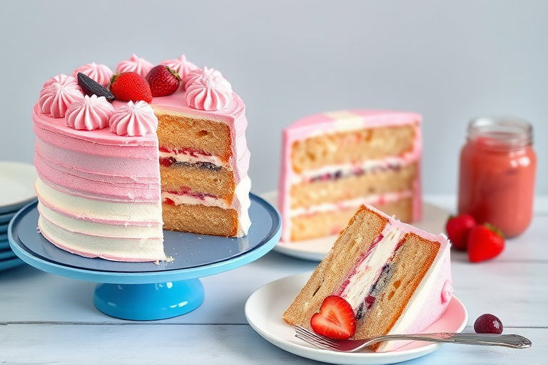 A beautifully decorated layer cake with pink and white frosting displayed on a blue cake stand next to a slice of the cake on a white plate, surrounded by fresh fruit and a jar of pink jam, with a fork resting nearby.
