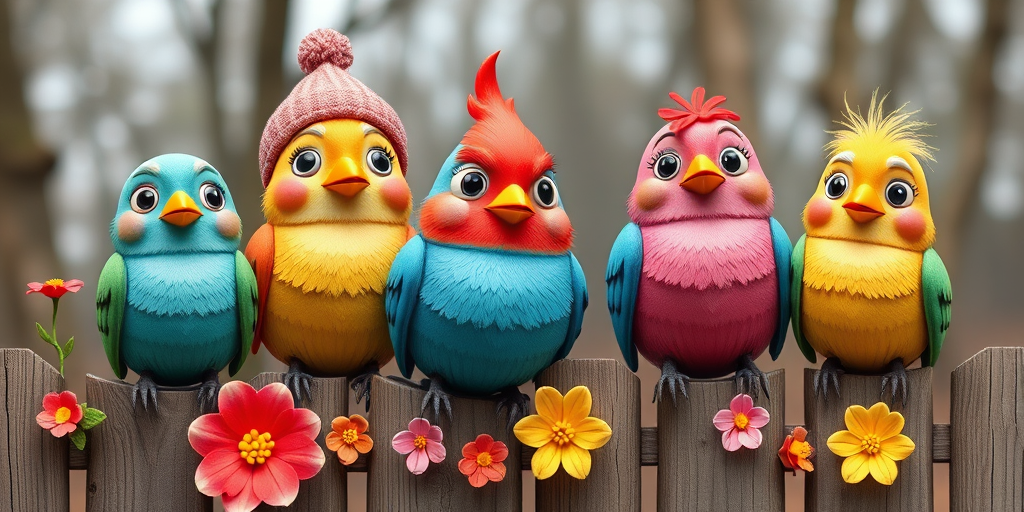 create a scene of 4 quirky  whimsical colourful comical birds each with a funny expression. they are sat on a wooden fence with colourful flowers. they are all different sizes. each one is a different colour  one is wearing a woolly hat. Each one has a different quirky google expression and there is a muted background of trees watercolour paintierly style high definition 8k resolution 3D paper mache